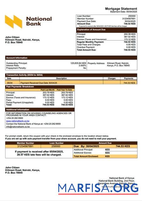 Downloadable Kenya National Bank of Kenya mortgage statement Word and PDF template